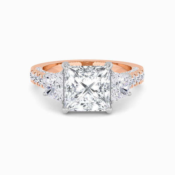 Princess Trilogy Lab Diamond Engagement Ring With Brilliant Trapezoid Side Diamonds, 3D pave Band & Open Gallery (1.50CT+)
