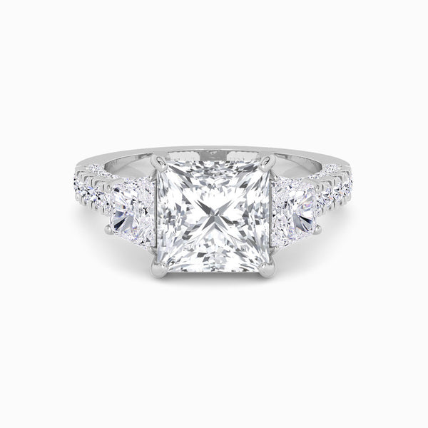 Princess Trilogy Lab Diamond Engagement Ring With Brilliant Trapezoid Side Diamonds, 3D pave Band & Open Gallery (1.50CT+)