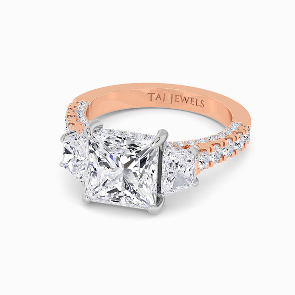Princess Trilogy Lab Diamond Engagement Ring With Brilliant Trapezoid Side Diamonds, 3D pave Band & Open Gallery (1.50CT+)