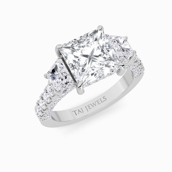 Princess Trilogy Lab Diamond Engagement Ring With Brilliant Trapezoid Side Diamonds, 3D pave Band & Open Gallery (1.50CT+)