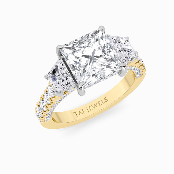 Princess Trilogy Lab Diamond Engagement Ring With Brilliant Trapezoid Side Diamonds, 3D pave Band & Open Gallery (1.50CT+)