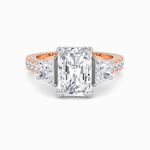 Radiant Trilogy Lab Diamond Engagement Ring With Brilliant Trapezoid Side Diamonds, 3D pave Band & Open Gallery (1.50CT+)
