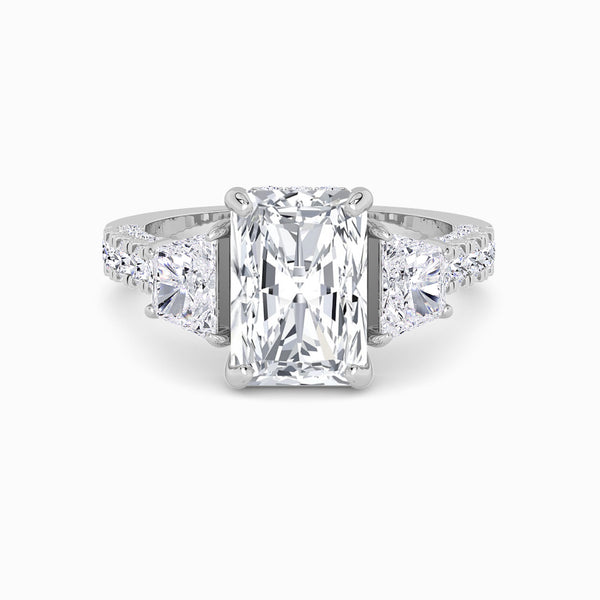Radiant Trilogy Lab Diamond Engagement Ring With Brilliant Trapezoid Side Diamonds, 3D pave Band & Open Gallery (1.50CT+)