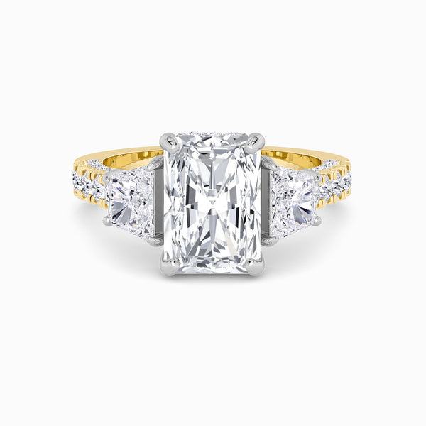 Radiant Trilogy Lab Diamond Engagement Ring With Brilliant Trapezoid Side Diamonds, 3D pave Band & Open Gallery (1.50CT+)