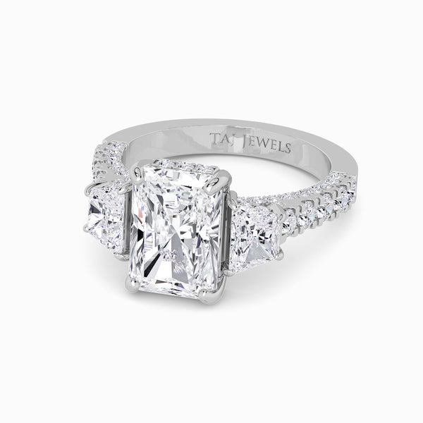 Radiant Trilogy Lab Diamond Engagement Ring With Brilliant Trapezoid Side Diamonds, 3D pave Band & Open Gallery (1.50CT+)