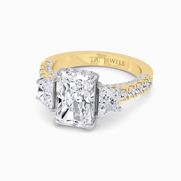 Radiant Trilogy Lab Diamond Engagement Ring With Brilliant Trapezoid Side Diamonds, 3D pave Band & Open Gallery (1.50CT+)