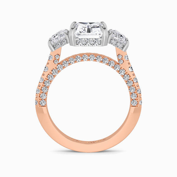 Radiant Trilogy Lab Diamond Engagement Ring With Brilliant Trapezoid Side Diamonds, 3D pave Band & Open Gallery (1.50CT+)