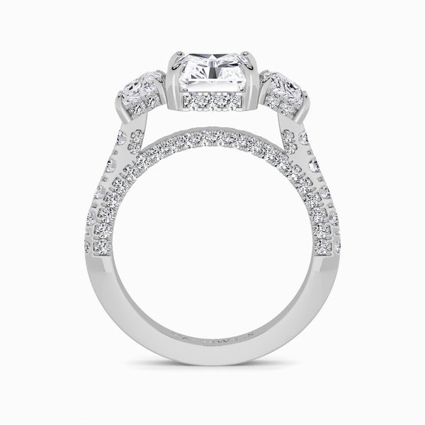 Radiant Trilogy Lab Diamond Engagement Ring With Brilliant Trapezoid Side Diamonds, 3D pave Band & Open Gallery (1.50CT+)
