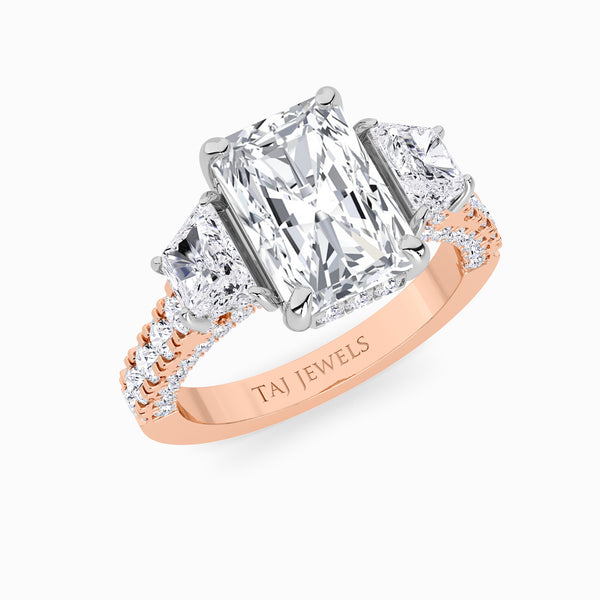 Radiant Trilogy Lab Diamond Engagement Ring With Brilliant Trapezoid Side Diamonds, 3D pave Band & Open Gallery (1.50CT+)