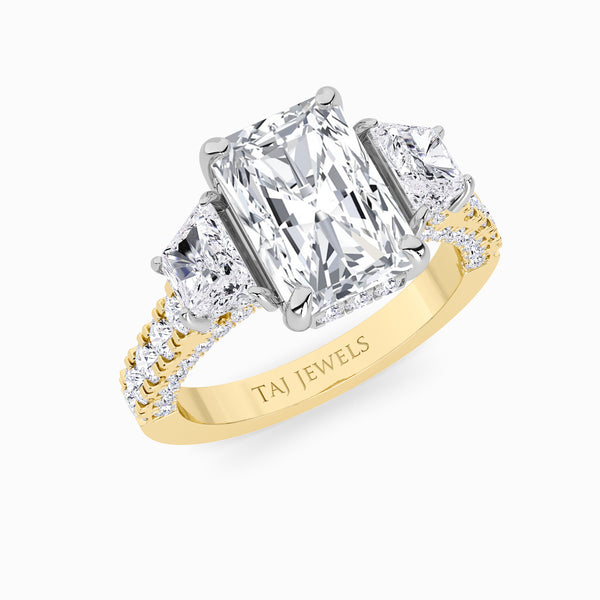 Radiant Trilogy Lab Diamond Engagement Ring With Brilliant Trapezoid Side Diamonds, 3D pave Band & Open Gallery (1.50CT+)