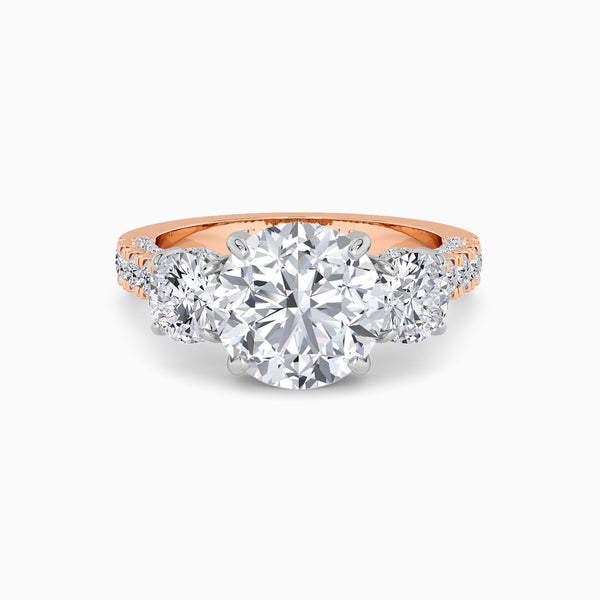 Round Trilogy Lab Diamond Engagement Ring With Round Brilliant Side Diamonds, 3D pave Band & Open Gallery (1.50CT+)