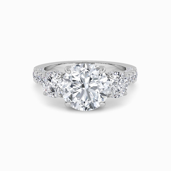 Round Trilogy Lab Diamond Engagement Ring With Round Brilliant Side Diamonds, 3D pave Band & Open Gallery (1.50CT+)