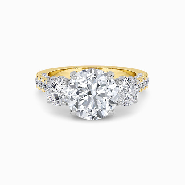 Round Trilogy Lab Diamond Engagement Ring With Round Brilliant Side Diamonds, 3D pave Band & Open Gallery (1.50CT+)