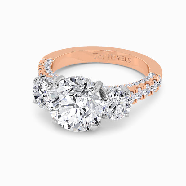 Round Trilogy Lab Diamond Engagement Ring With Round Brilliant Side Diamonds, 3D pave Band & Open Gallery (1.50CT+)