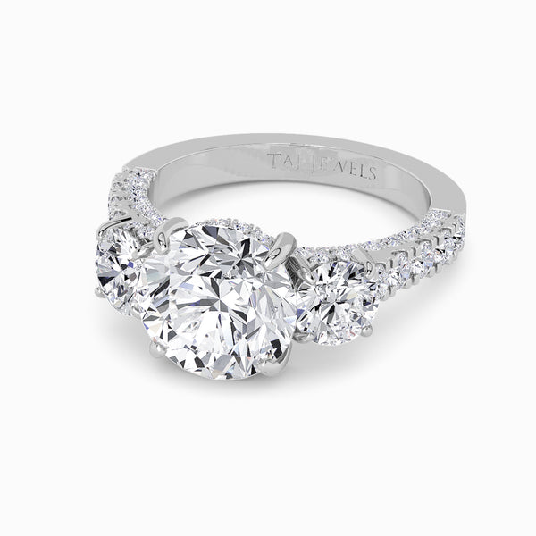Round Trilogy Lab Diamond Engagement Ring With Round Brilliant Side Diamonds, 3D pave Band & Open Gallery (1.50CT+)