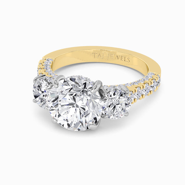 Round Trilogy Lab Diamond Engagement Ring With Round Brilliant Side Diamonds, 3D pave Band & Open Gallery (1.50CT+)