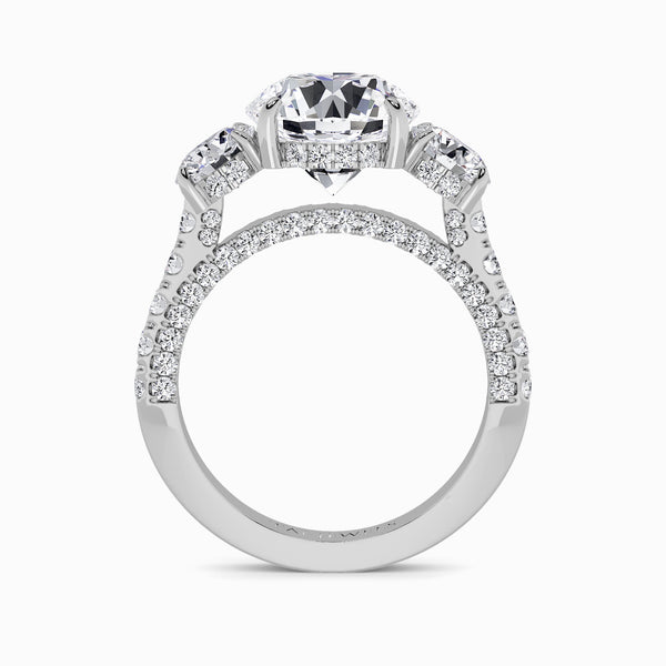 Round Trilogy Lab Diamond Engagement Ring With Round Brilliant Side Diamonds, 3D pave Band & Open Gallery (1.50CT+)