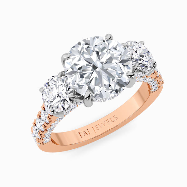 Round Trilogy Lab Diamond Engagement Ring With Round Brilliant Side Diamonds, 3D pave Band & Open Gallery (1.50CT+)