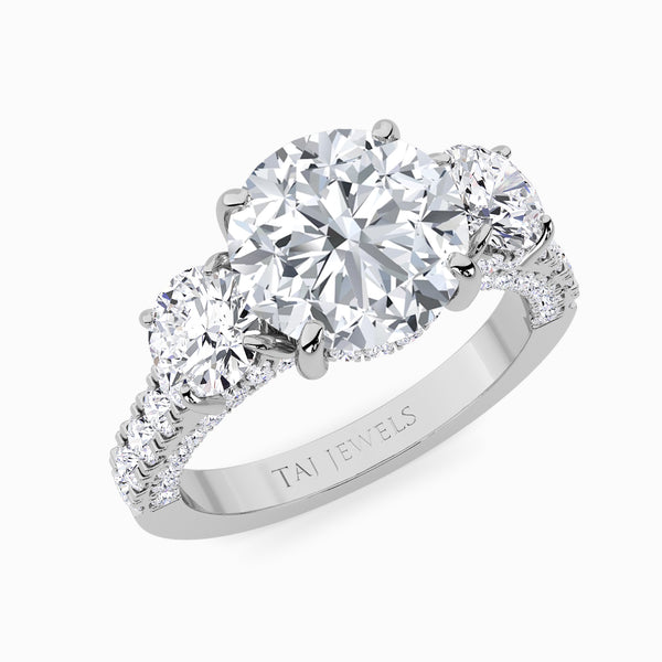 Round Trilogy Lab Diamond Engagement Ring With Round Brilliant Side Diamonds, 3D pave Band & Open Gallery (1.50CT+)