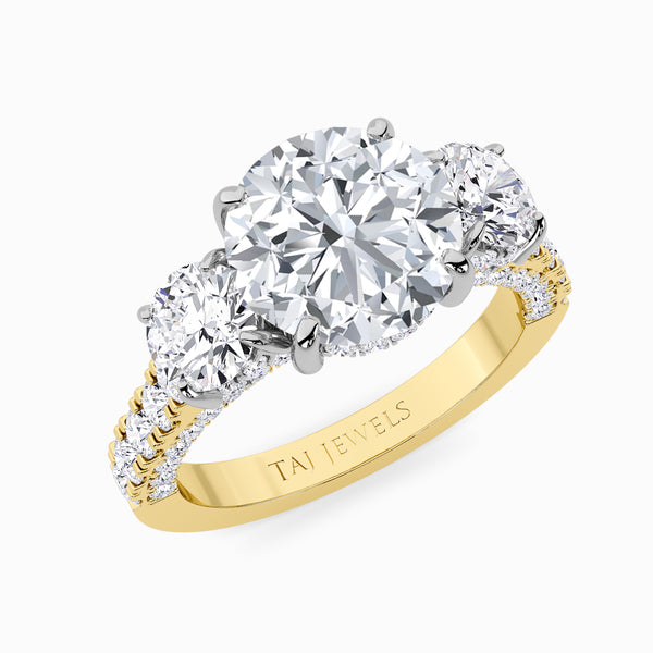 Round Trilogy Lab Diamond Engagement Ring With Round Brilliant Side Diamonds, 3D pave Band & Open Gallery (1.50CT+)