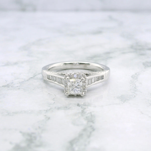 Princess Cut Halo Diamond Ring With Baguette Cuts & Round Brilliant Diamond Engagement Ring