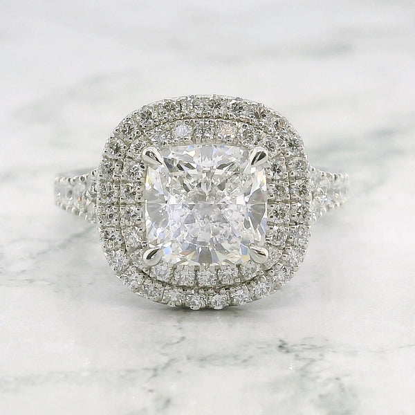 Cushion Cut Double Halo Split Shank Engagement Ring Lab Diamond -1CT+