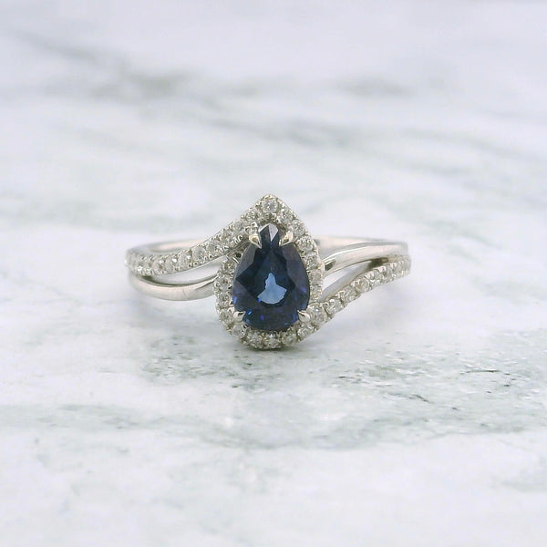 Pear Cut Blue Sapphire Double Band Engagment Ring - 0.70ct