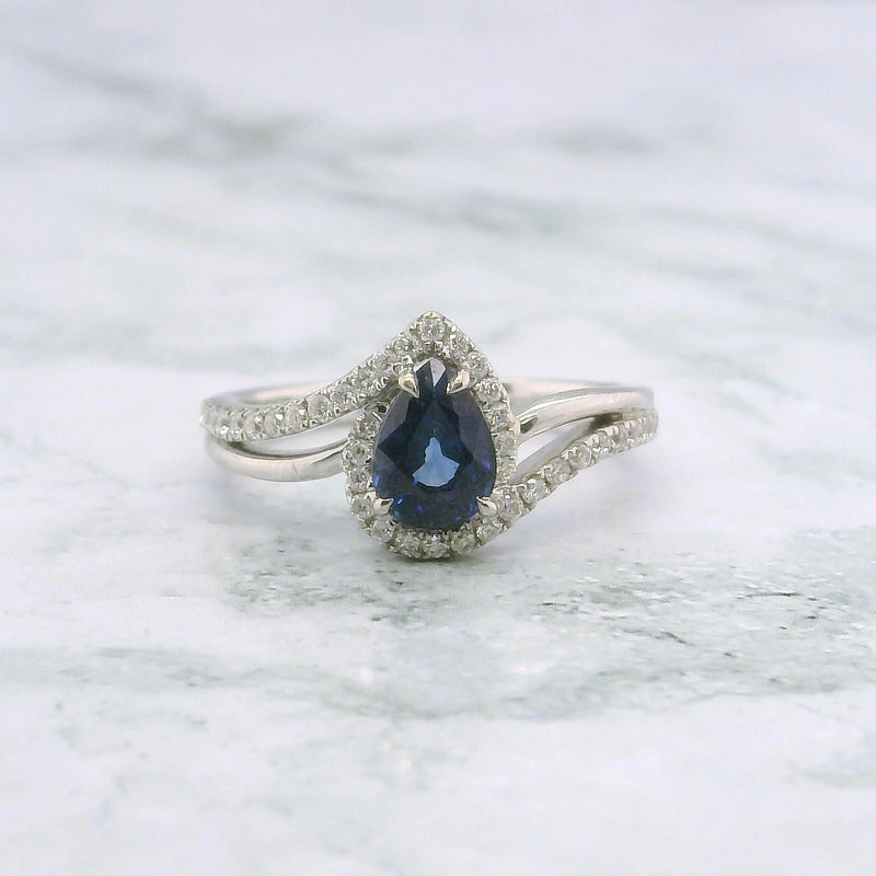 Pear Cut Blue Sapphire Double Band Engagment Ring - 0.70ct