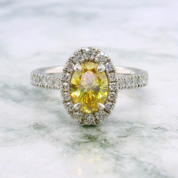 Lab Grown Platinum Yellow Diamond Oval Shape Halo Engagement Ring - 1.00ct +