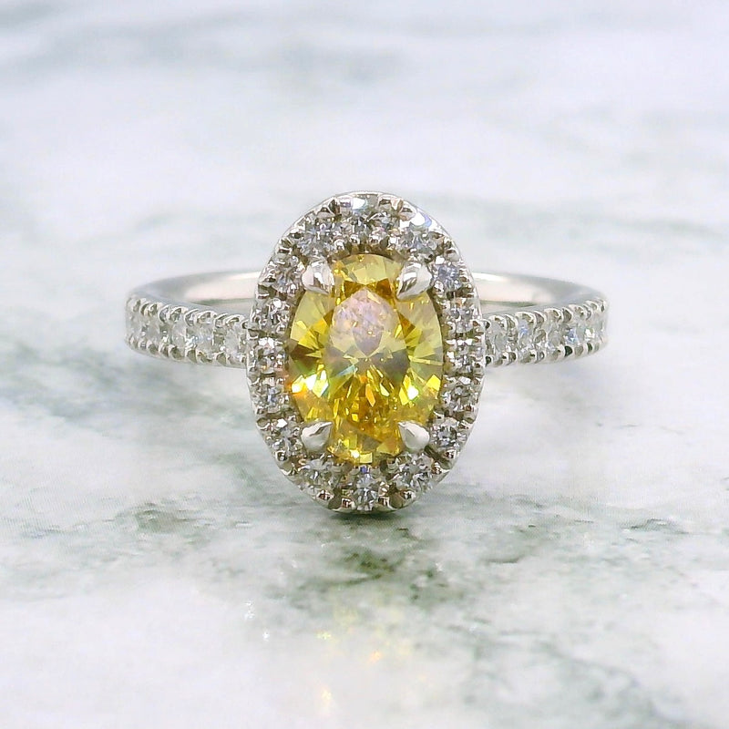 Lab Grown Platinum Yellow Diamond Oval Shape Halo Engagement Ring - 1.00ct +