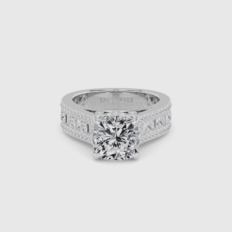 Cushion Cut Lab Diamond Engagement Ring with Princess, Baguette & Round Diamond Band (1.5CT+)