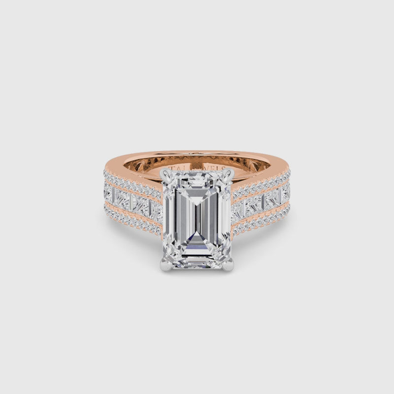 Emerald Cut Lab Diamond Engagement Ring with Princess, Baguette & Round Diamond Band (1.5CT+)