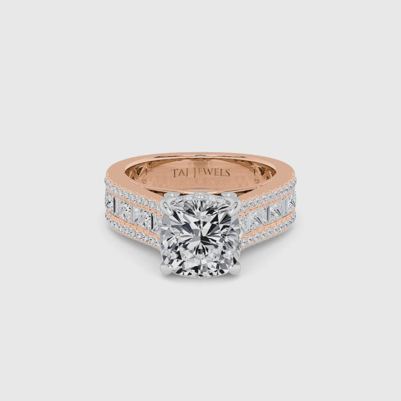Cushion Cut Lab Diamond Engagement Ring with Princess, Baguette & Round Diamond Band (1.5CT+)