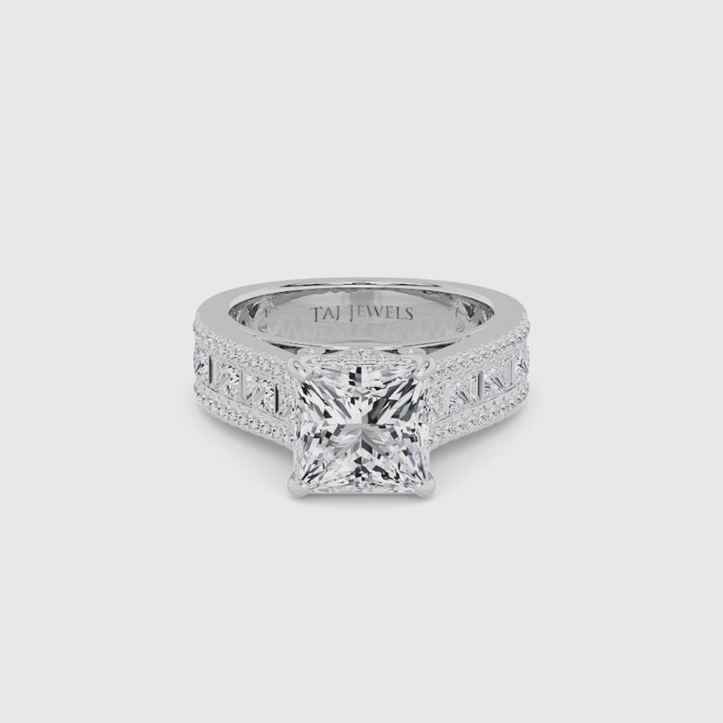 Princess Cut Lab Diamond Engagement Ring with Princess, Baguette & Round Diamond Band (1.5CT+)