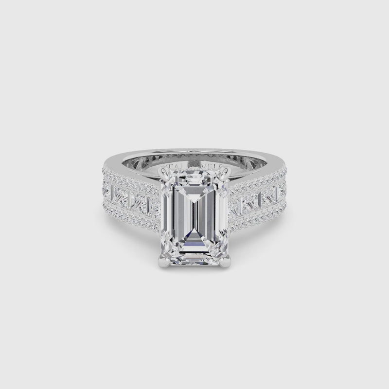 Emerald Cut Lab Diamond Engagement Ring with Princess, Baguette & Round Diamond Band (1.5CT+)