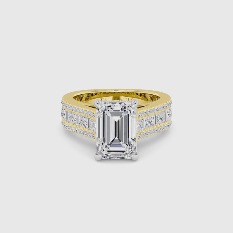Emerald Cut Lab Diamond Engagement Ring with Princess, Baguette & Round Diamond Band (1.5CT+)