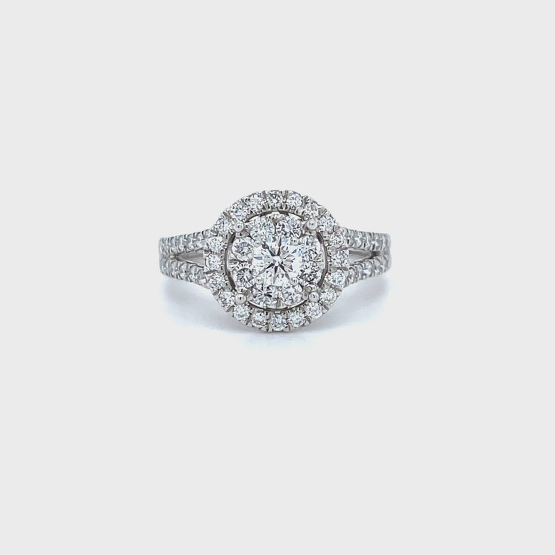 Round Shape Single Halo Split Shank Diamond Ring
