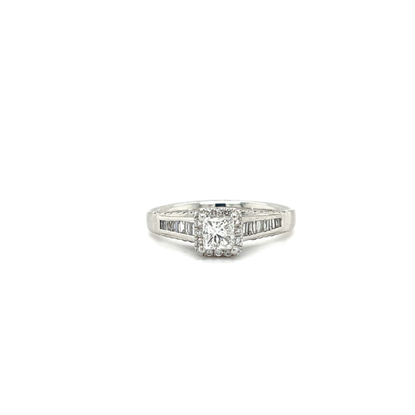 Princess Cut Halo Diamond Ring With Baguette Cuts & Round Brilliant Diamond Engagement Ring
