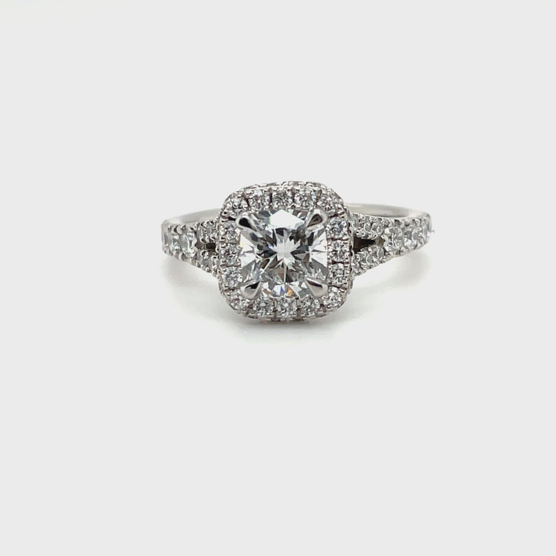 Lab Grown Cushion Pave Halo Split Shank Diamond Ring