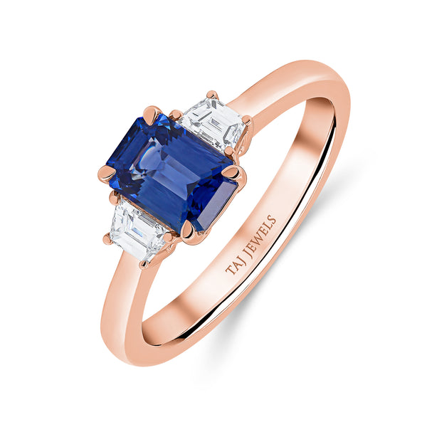 Emerald Cut Blue Sapphire & Diamond Trilogy Ring