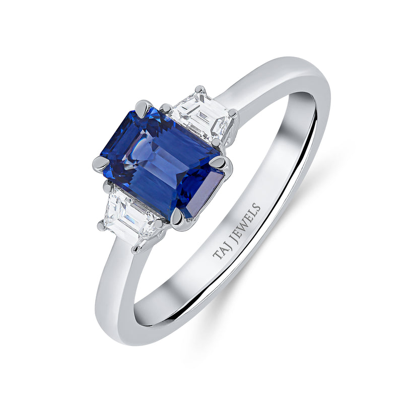 Emerald Cut Blue Sapphire & Diamond Trilogy Ring