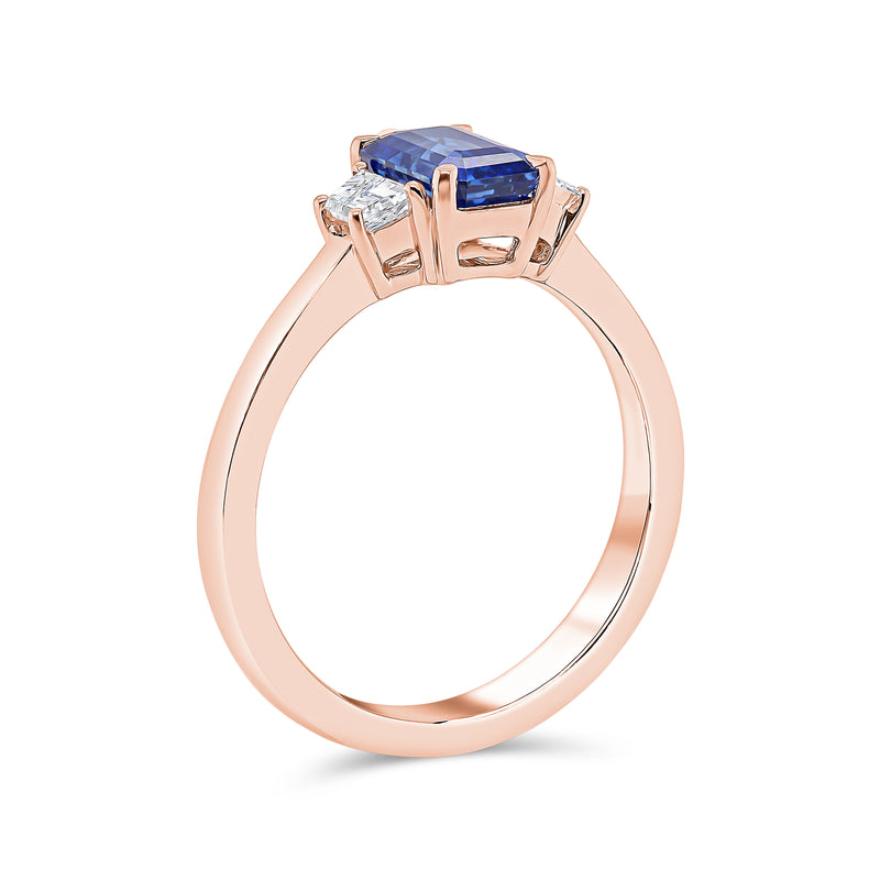 Emerald Cut Blue Sapphire & Diamond Trilogy Ring