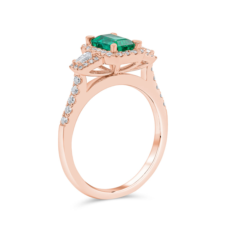 Radiant Cut Emerald and Diamond Trilogy Ring