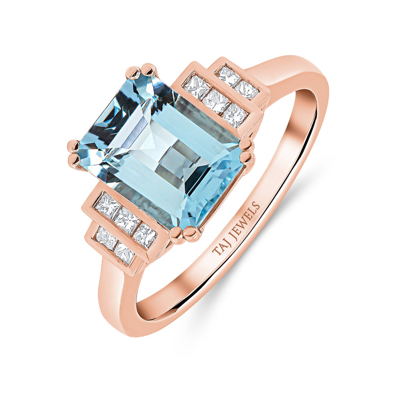 Aquamarine Emerald Cut Centre & Princess Diamond Ring