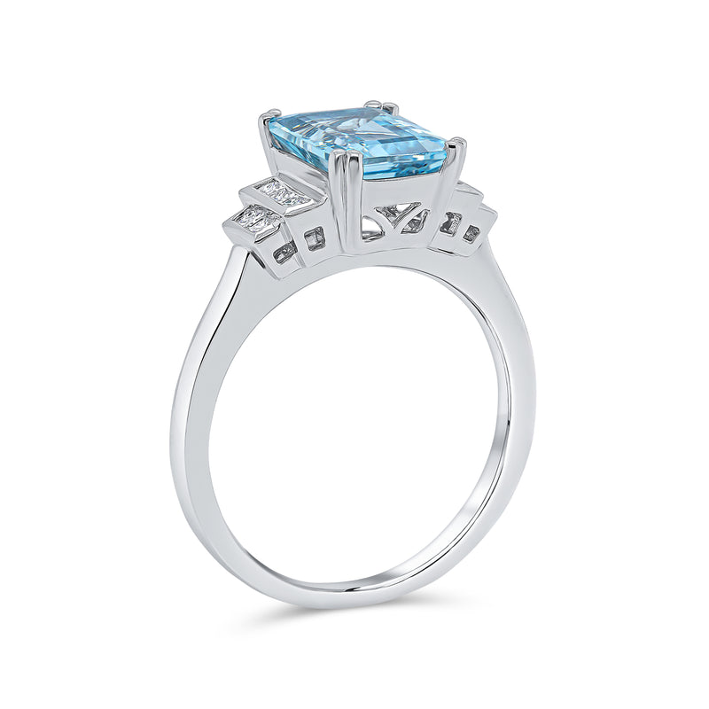 Aquamarine Emerald Cut Centre & Princess Diamond Ring
