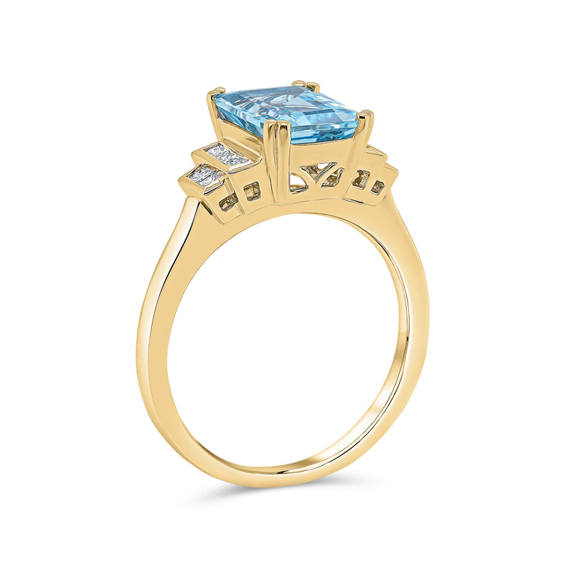 Aquamarine Emerald Cut Centre & Princess Diamond Ring