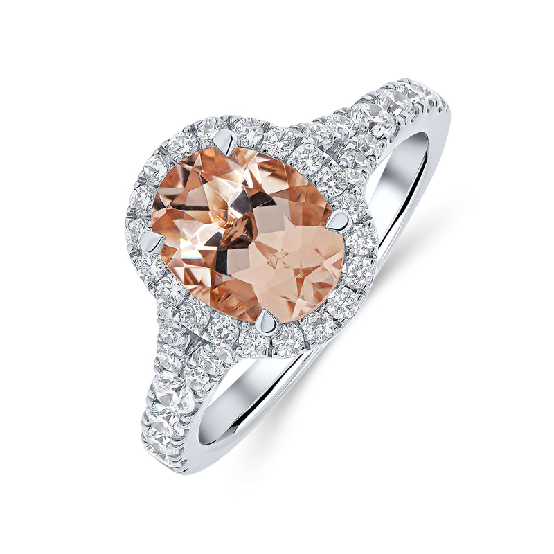 Oval Cut Morganite & Halo Diamond Ring with Split Shank