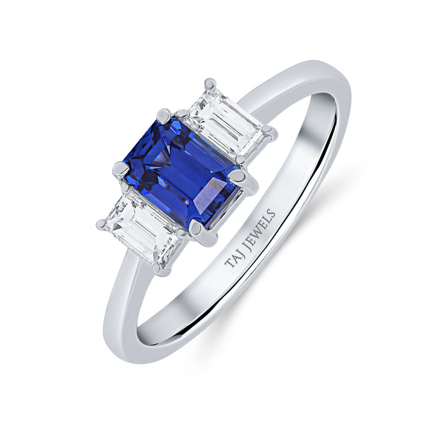 Emerald Cut Blue Sapphire Diamond Trilogy Ring