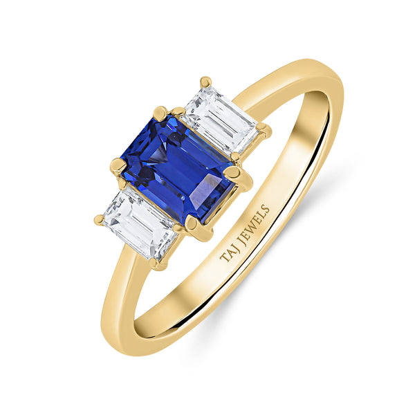 Emerald Cut Blue Sapphire Diamond Trilogy Ring