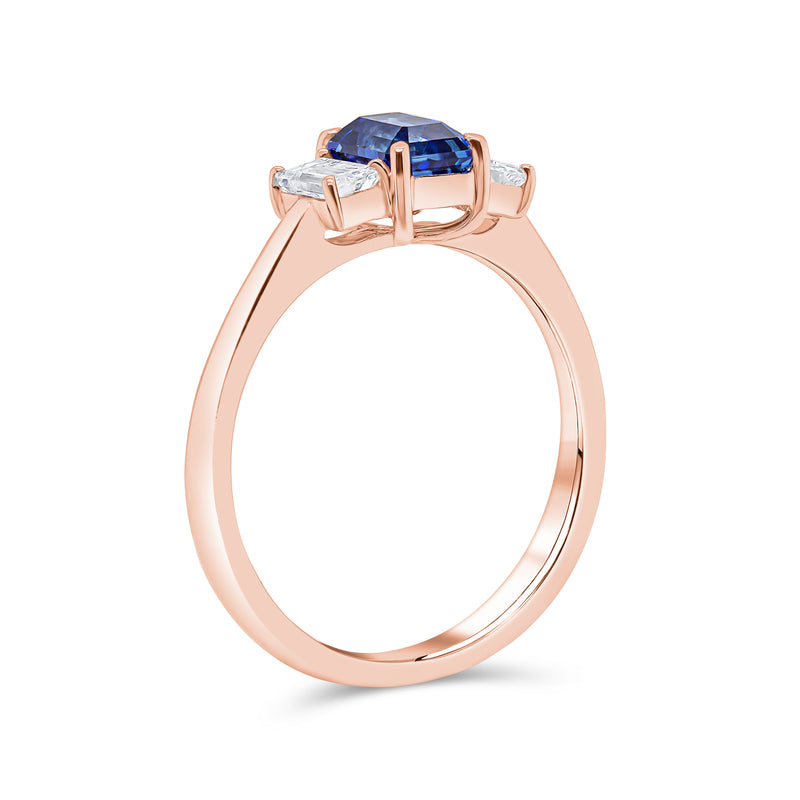 Emerald Cut Blue Sapphire Diamond Trilogy Ring
